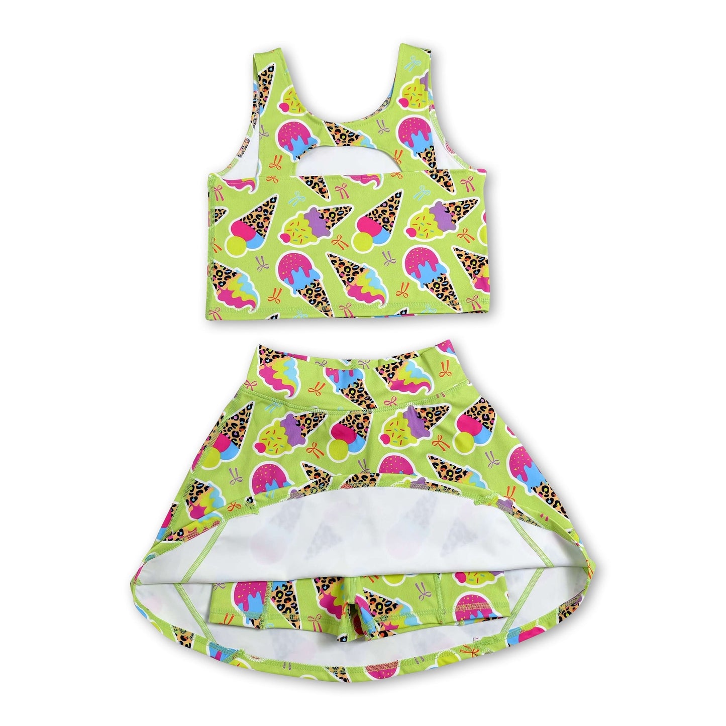 Sleeveless leopard ice cream bow girls activewear set