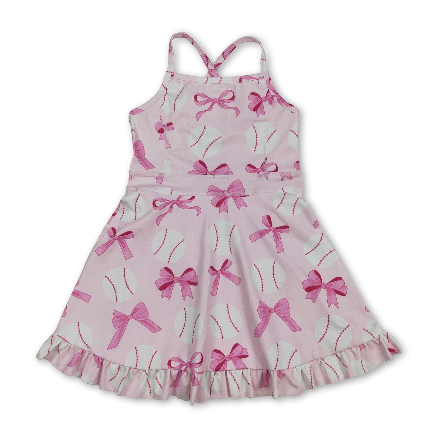 Straps pink bow baseball girls summer athletic dress
