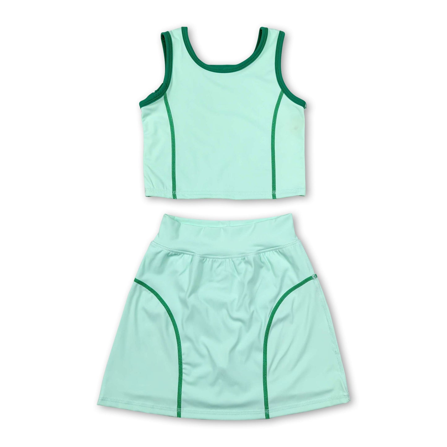 Sleeveless light green top high waist skirt girls activewear set