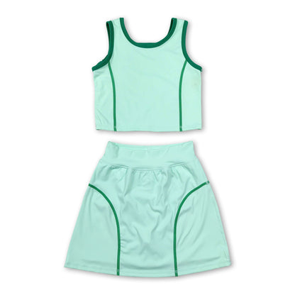 Sleeveless light green top high waist skirt girls activewear set