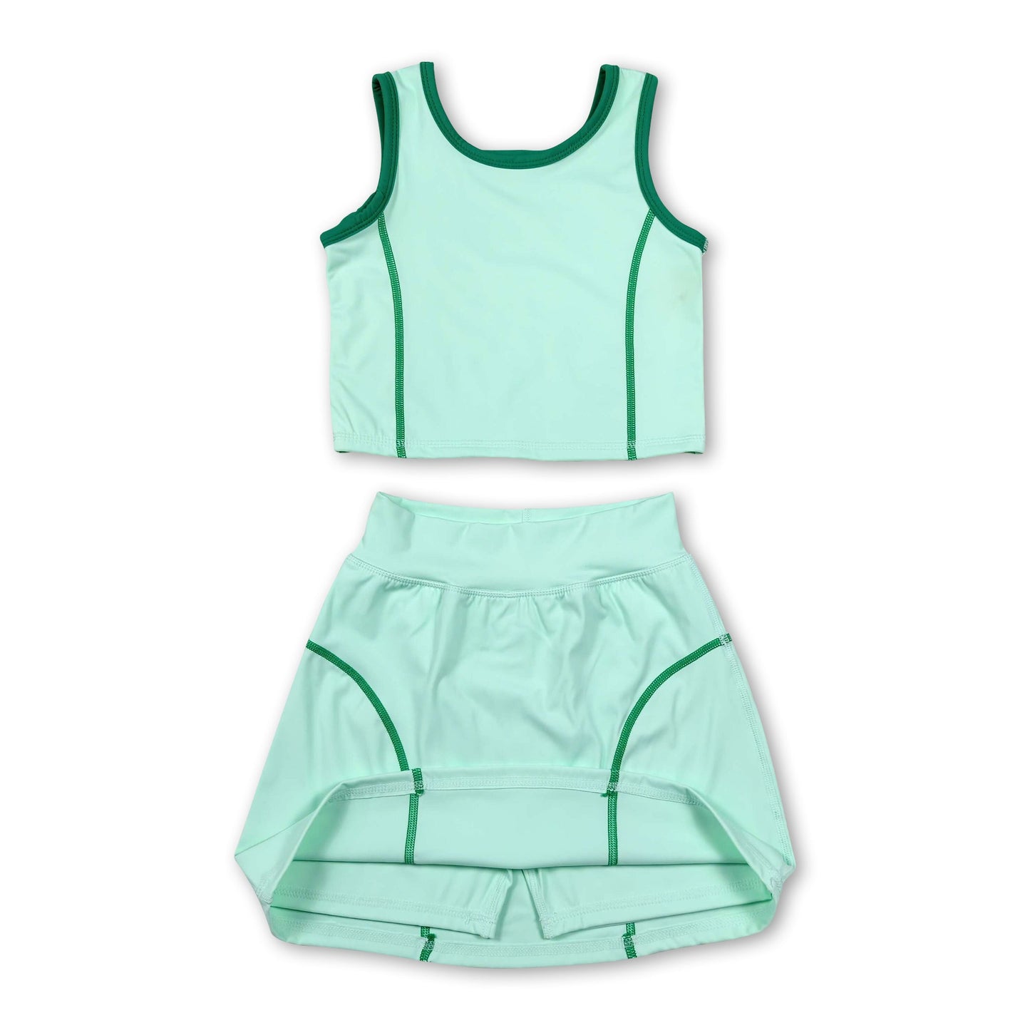 Sleeveless light green top high waist skirt girls activewear set
