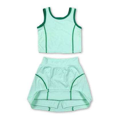 Sleeveless light green top high waist skirt girls activewear set