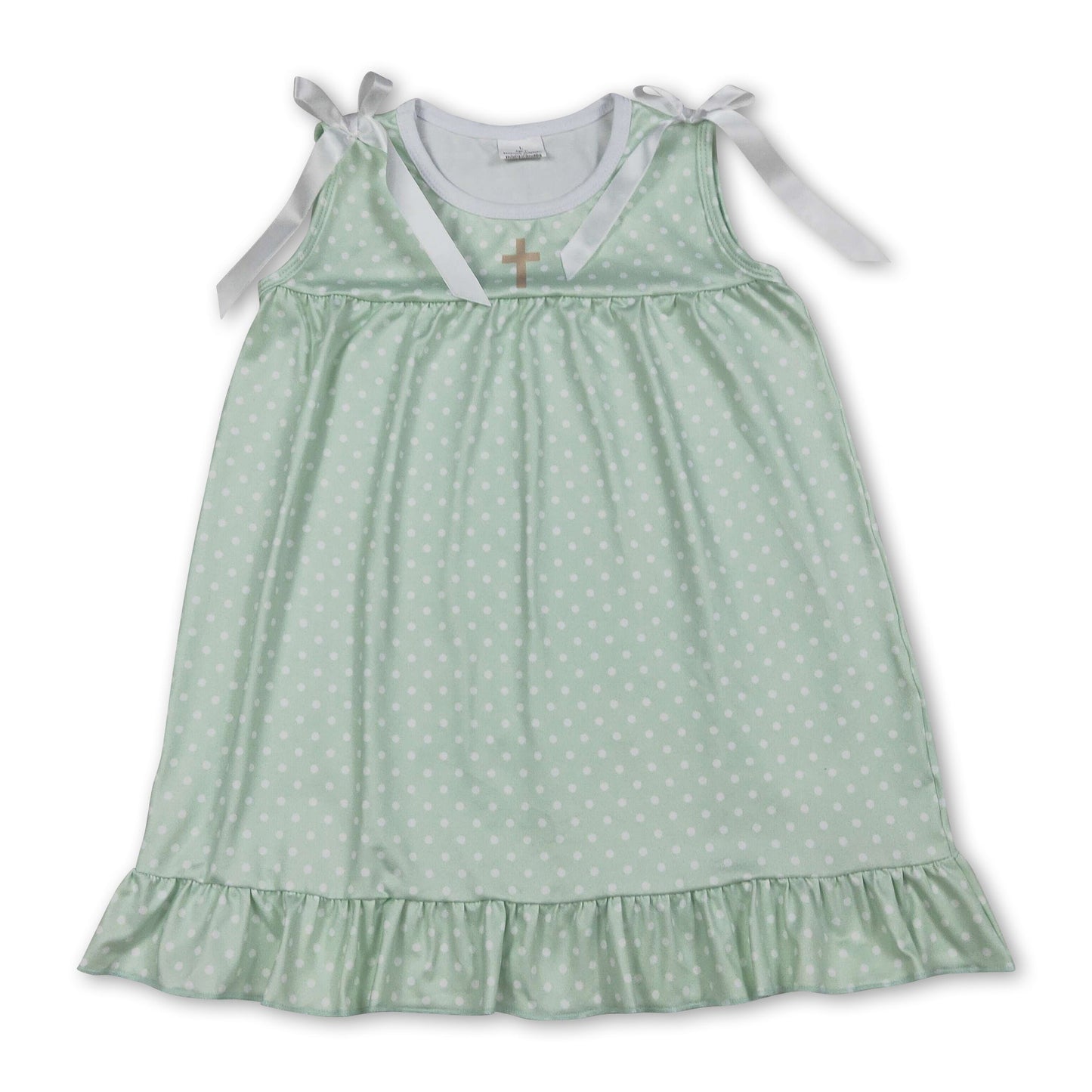 Sleeveless green polka cross kids girls Easter dress