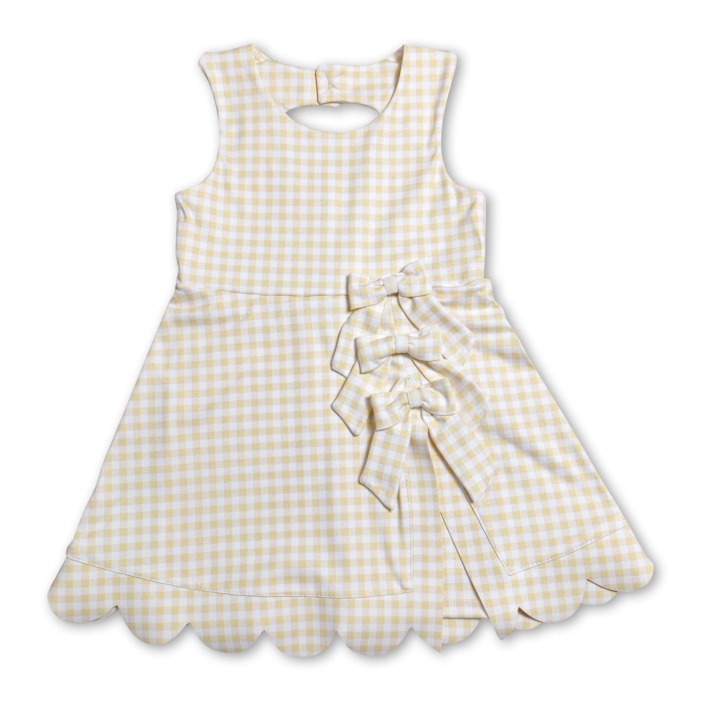 Sleeveless yellow plaid bows kids girls athletic dresses