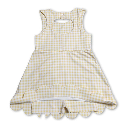 Sleeveless yellow plaid bows kids girls athletic dresses