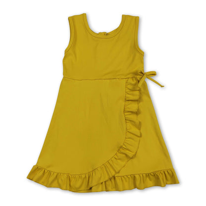 Sleeveless yellow bow ruffle kids girls summer athletic dress