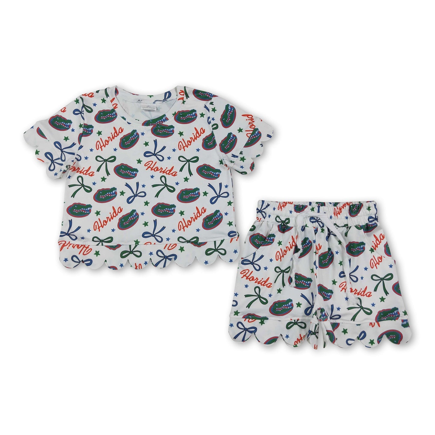 Short sleeves crocodile bow scallop girls team outfits