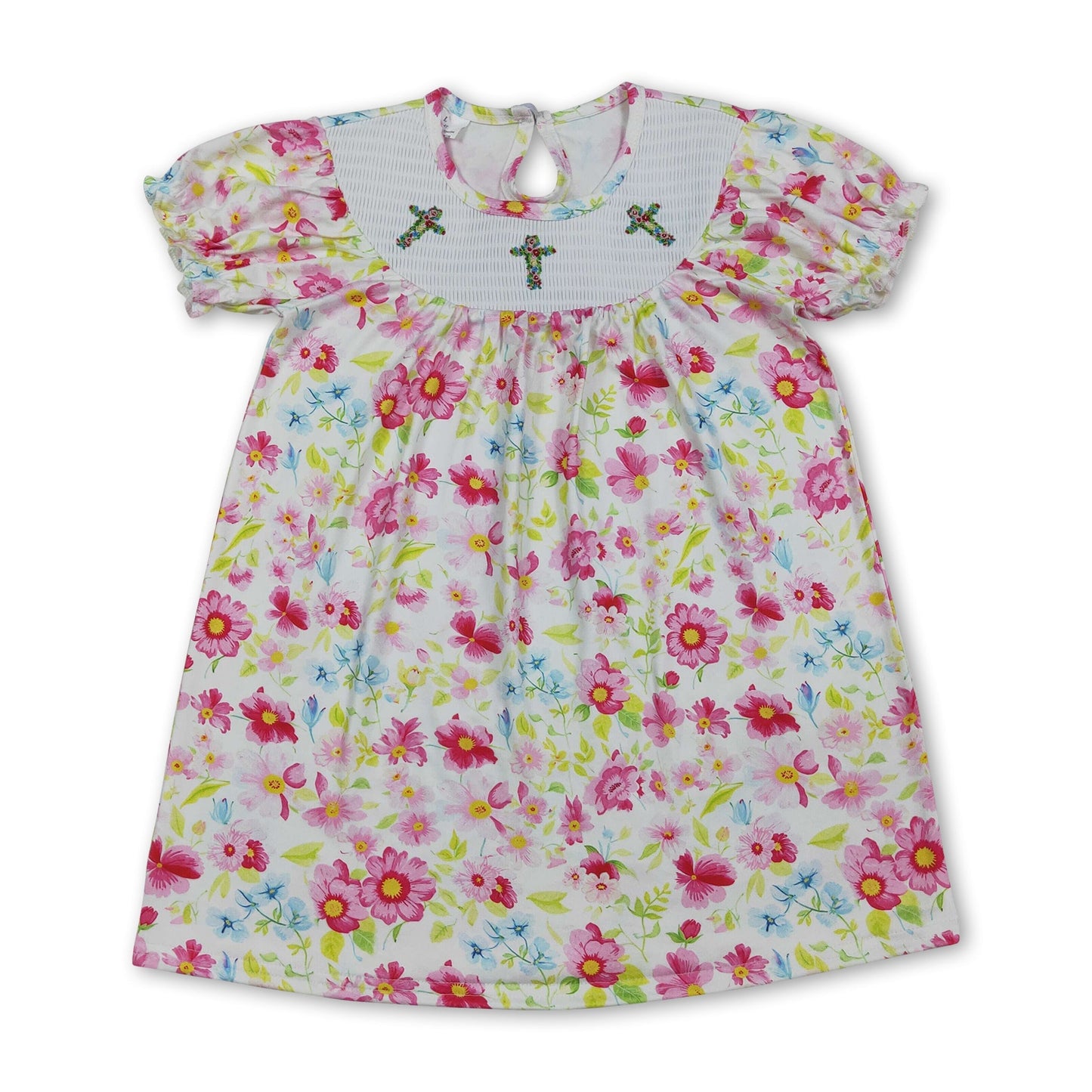 Floral short sleeves cross smocked baby girls Easter dress