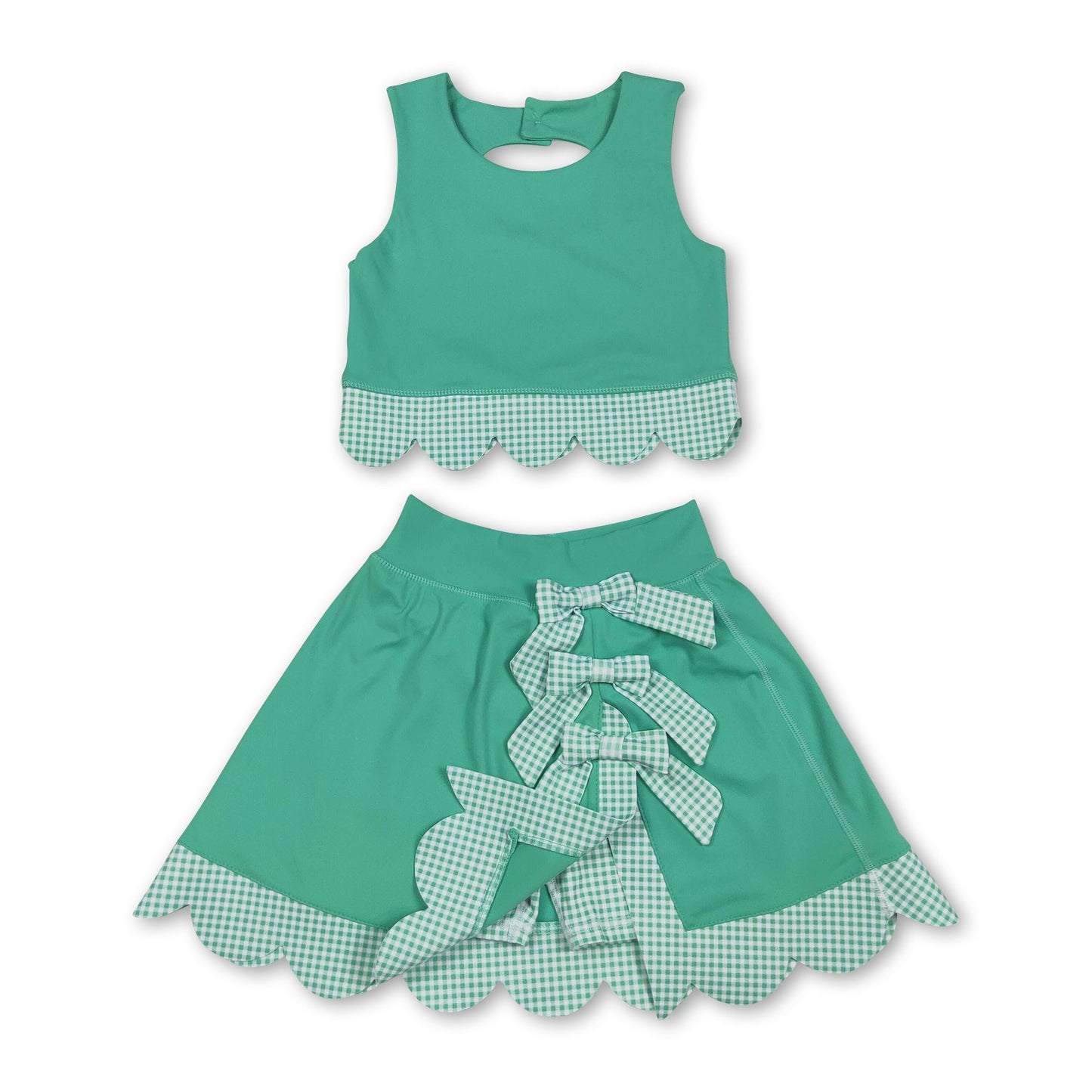 Sleeveless green crop top plaid bow skirt kids girls active set