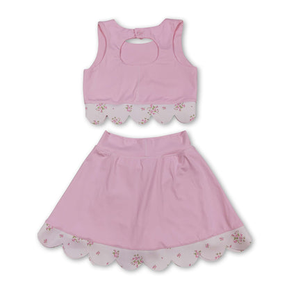 Pink sleeveless bow scallop kids girls active wear set