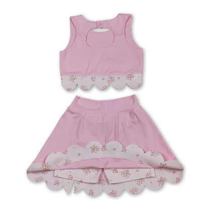 Pink sleeveless bow scallop kids girls active wear set
