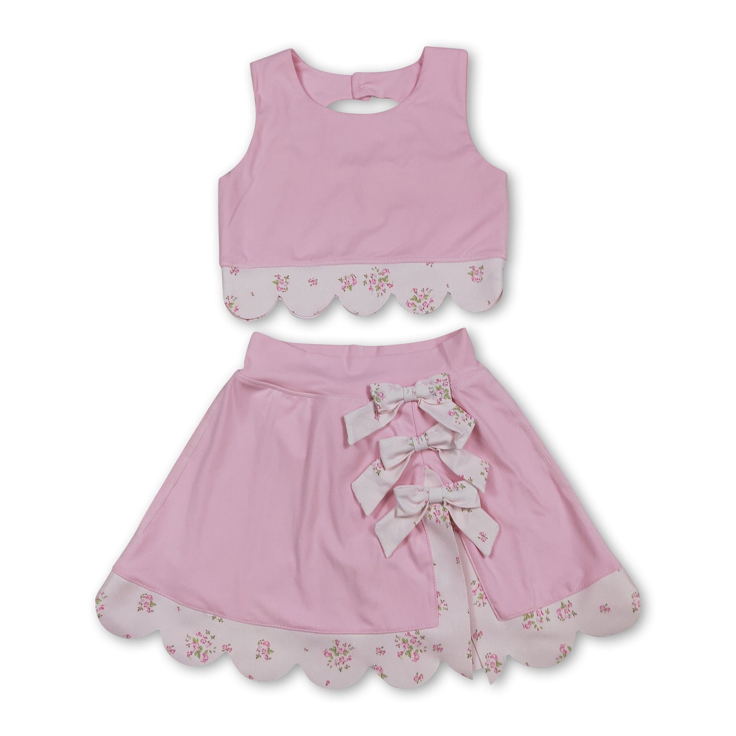 Pink sleeveless bow scallop kids girls active wear set