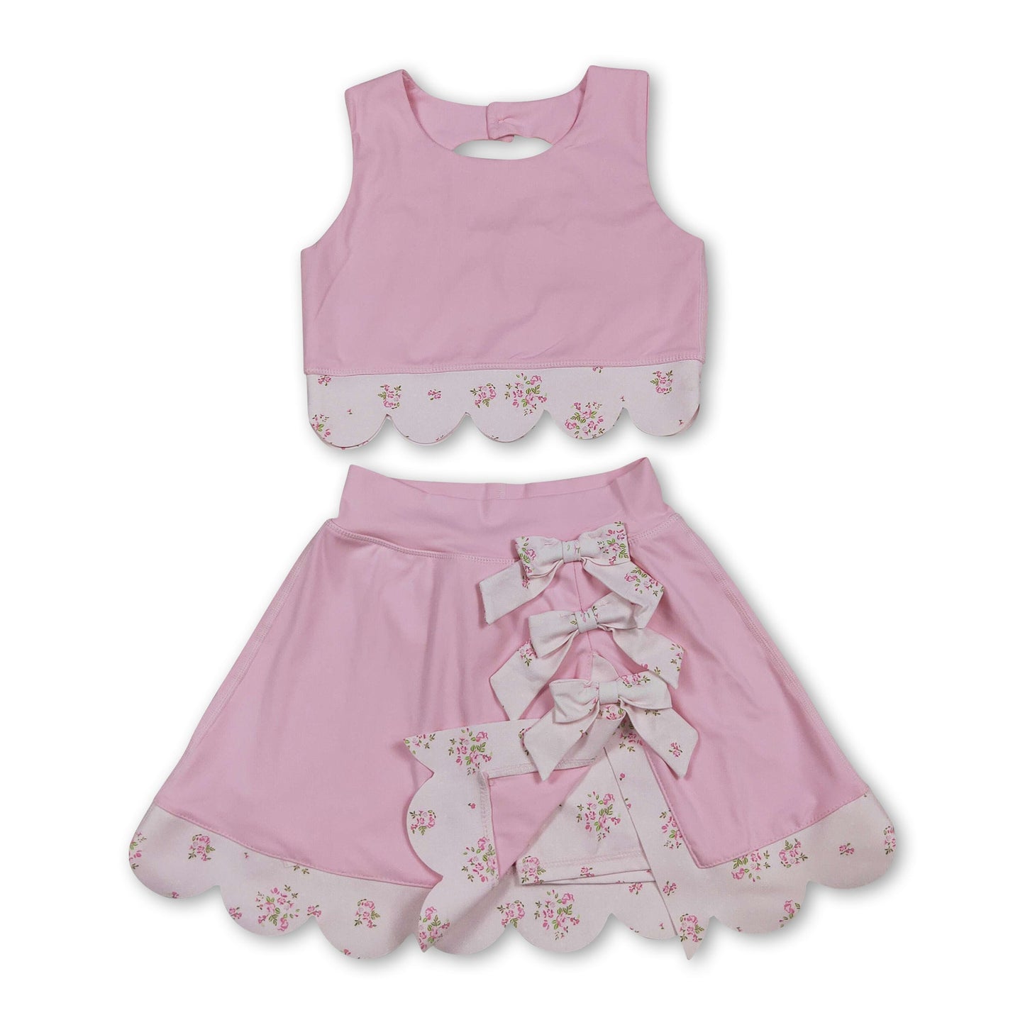Pink sleeveless bow scallop kids girls active wear set