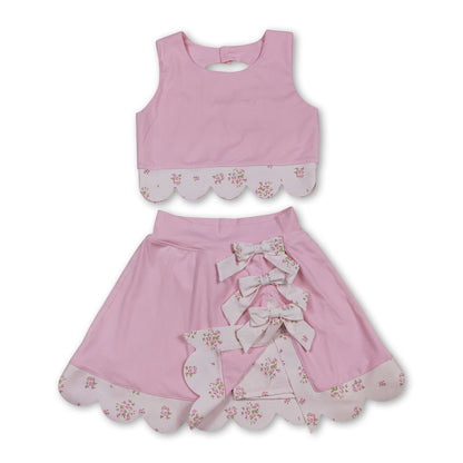 Pink sleeveless bow scallop kids girls active wear set
