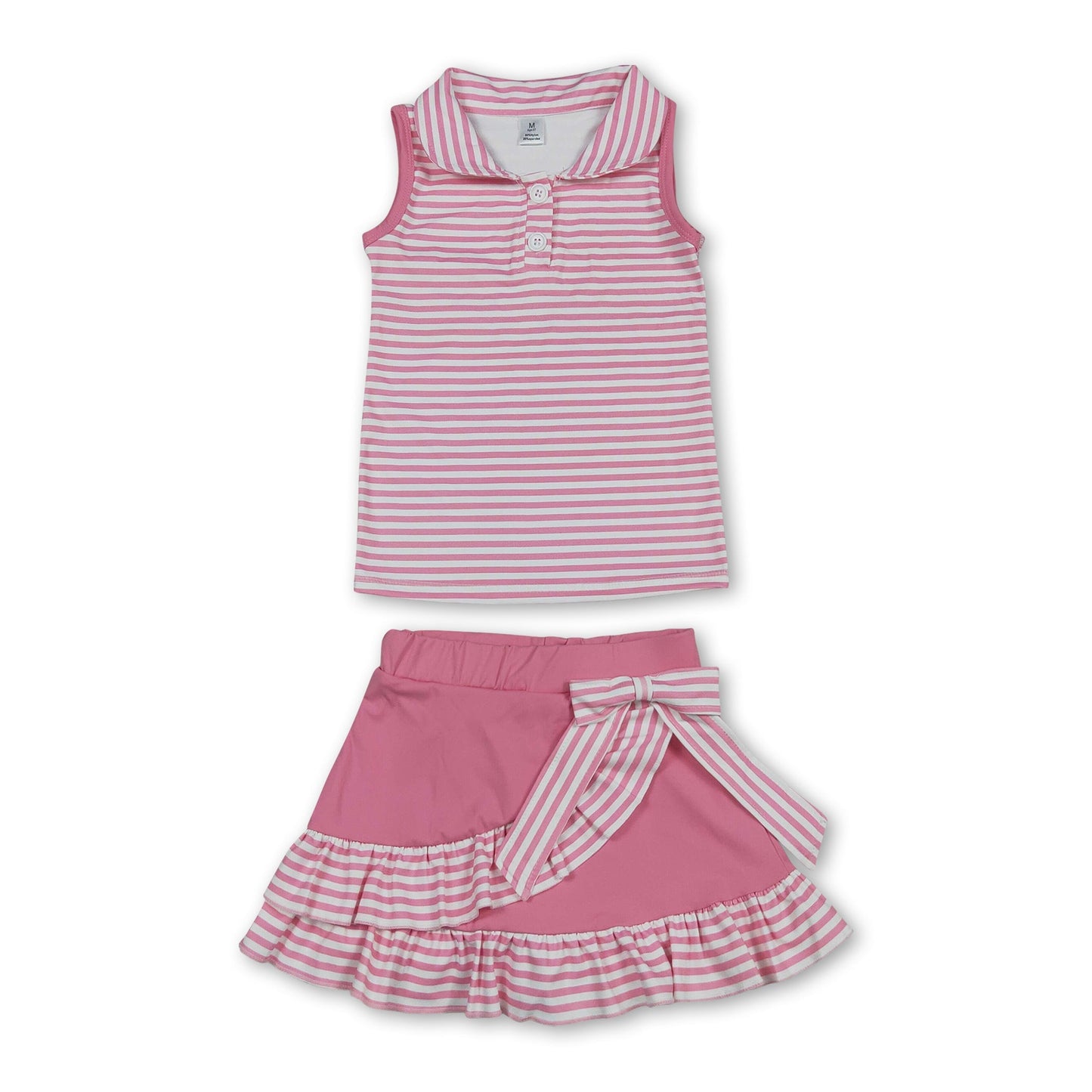 Sleeveless pink stripe polo shirt skirt girls active wear set