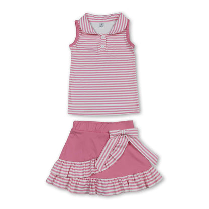 Sleeveless pink stripe polo shirt skirt girls active wear set