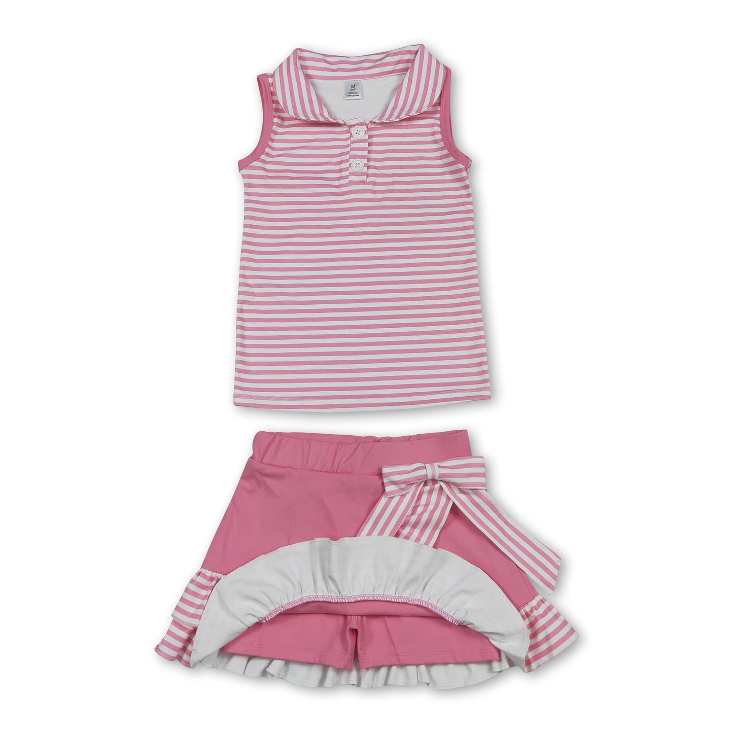 Sleeveless pink stripe polo shirt skirt girls active wear set
