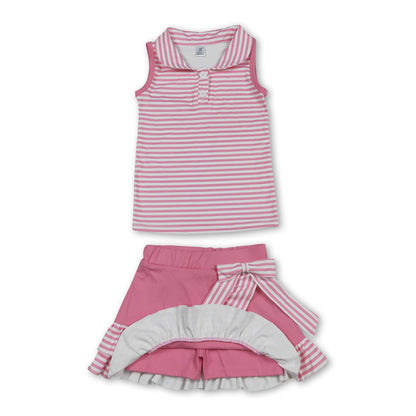 Sleeveless pink stripe polo shirt skirt girls active wear set