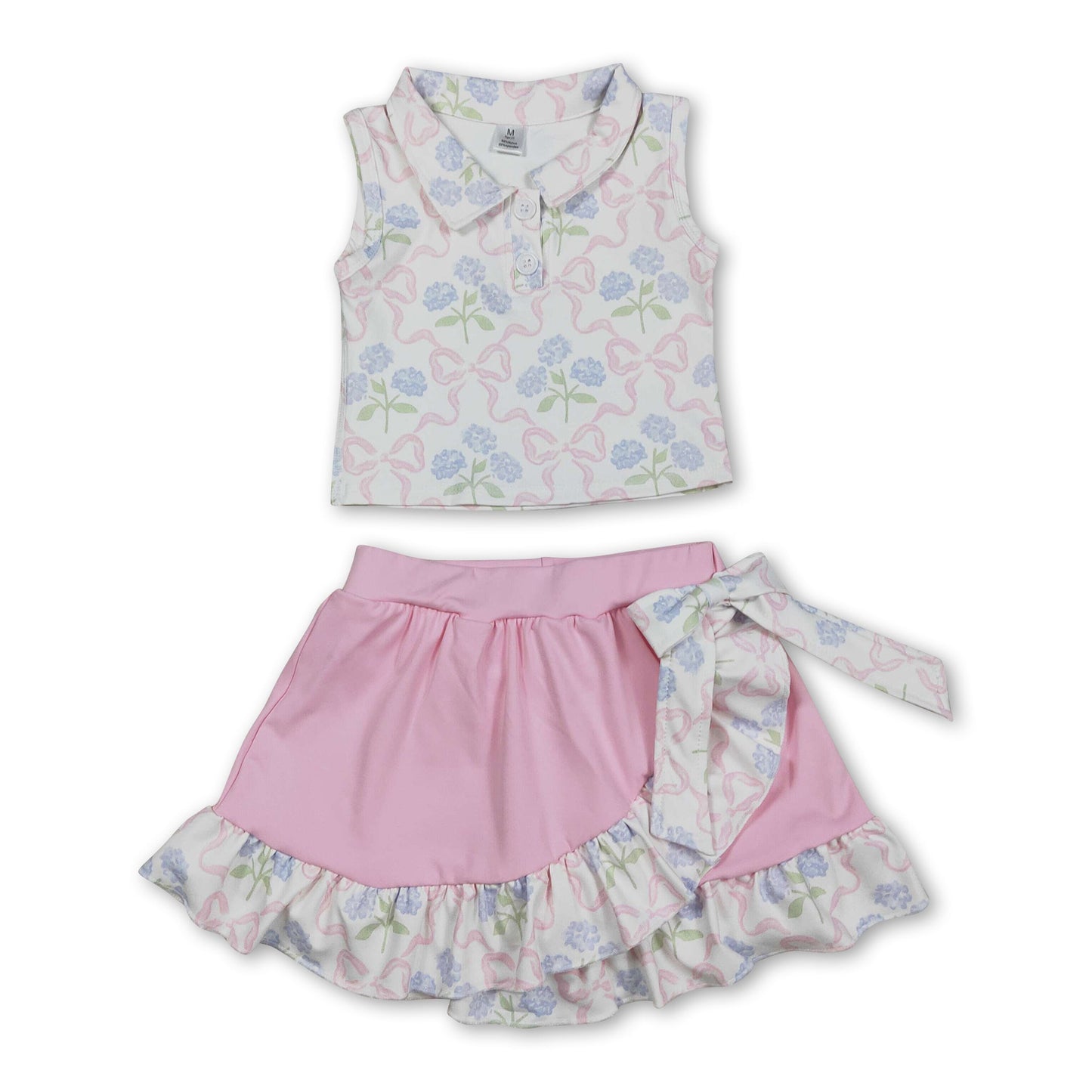 Sleeveless bow floral top ruffle skirt girls activewear set