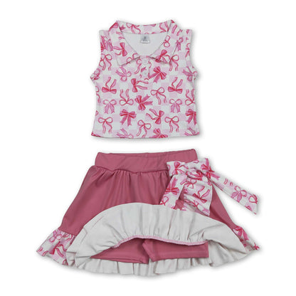 Sleeveless plaid bow top ruffle skirt girls activewear set