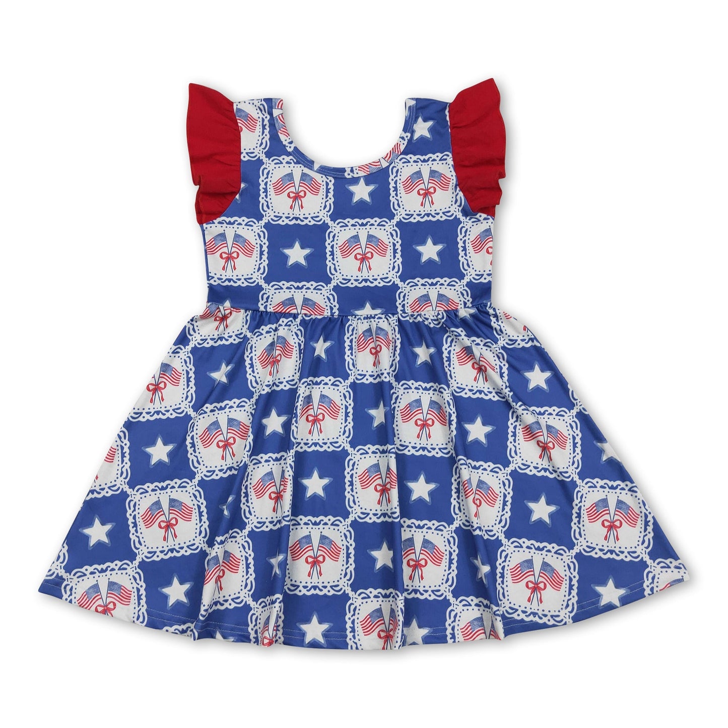 Flutter sleeves flag bow stars girls 4th of july dresses