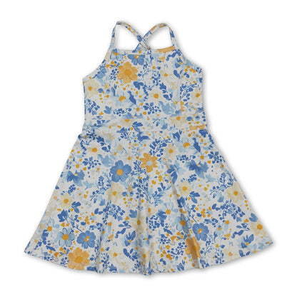 Straps blue yellow floral kids girls athletic dresses