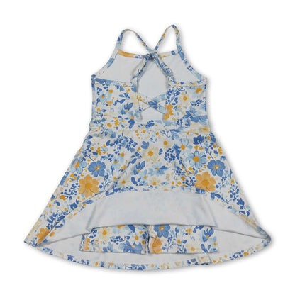 Straps blue yellow floral kids girls athletic dresses