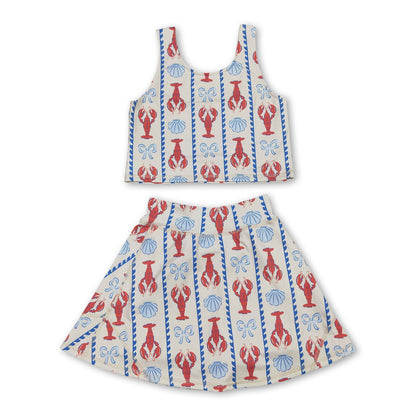 Sleeveless crawfish bow top skirt girls active wear set