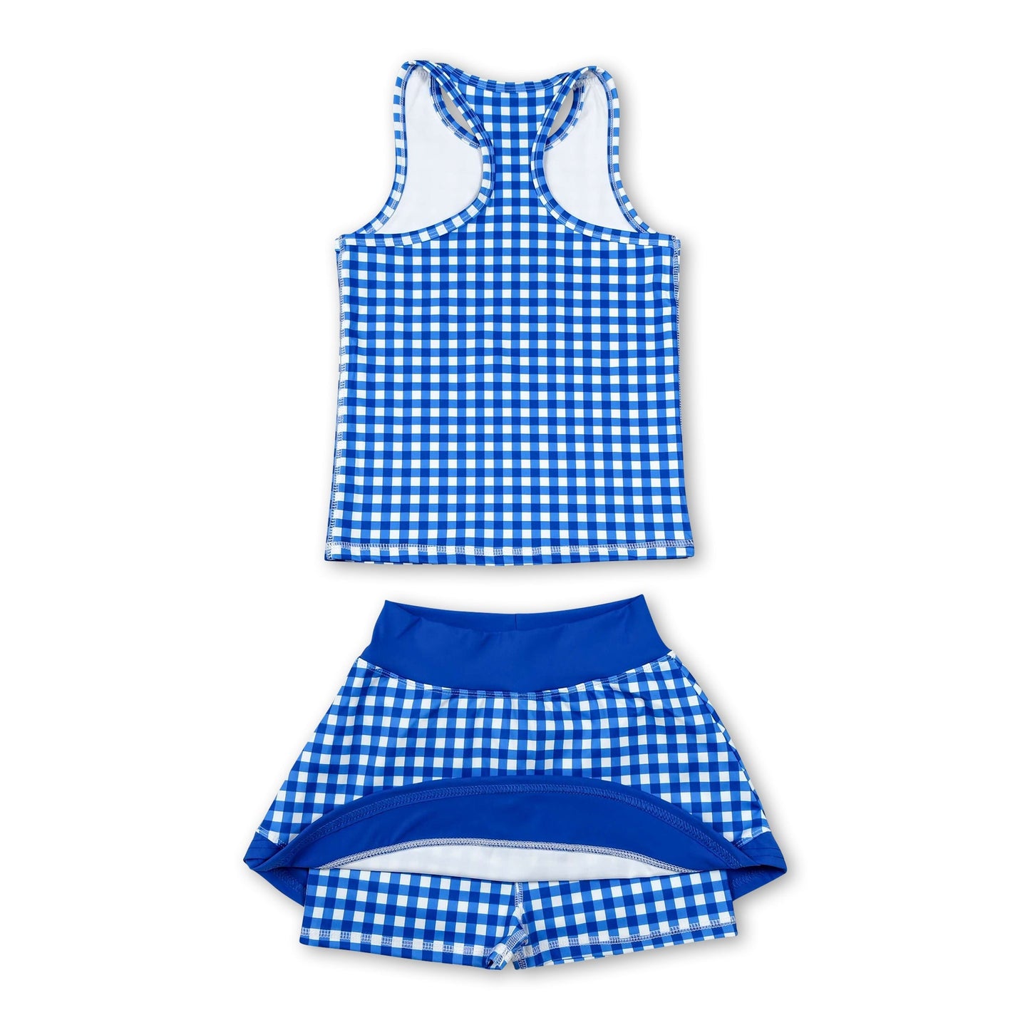 Sleeveless blue plaid top skirt kids girls active set