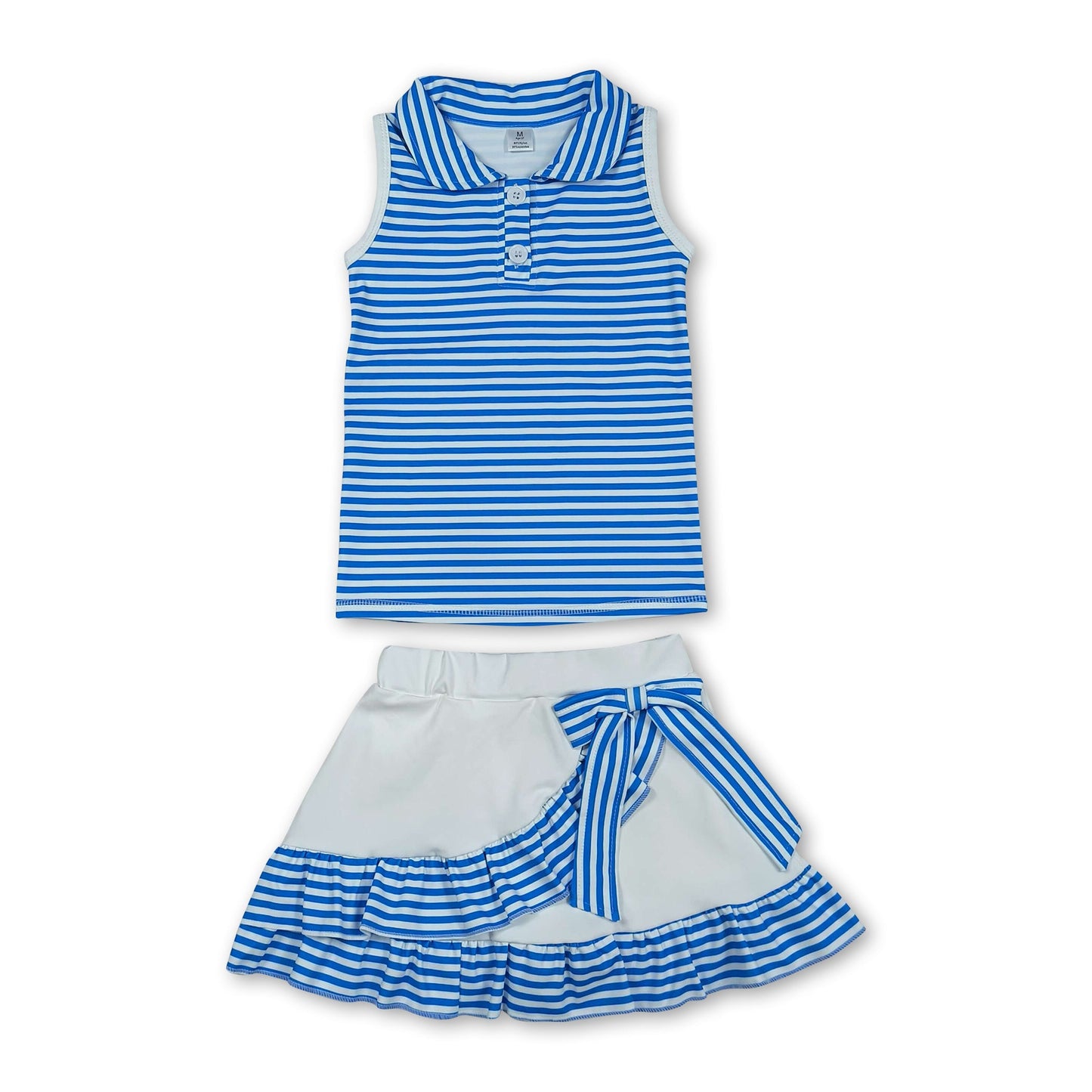 Sleeveless blue stripe polo top skirt girls team activewear outfit