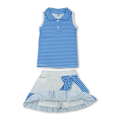Sleeveless blue stripe polo top skirt girls team activewear outfit