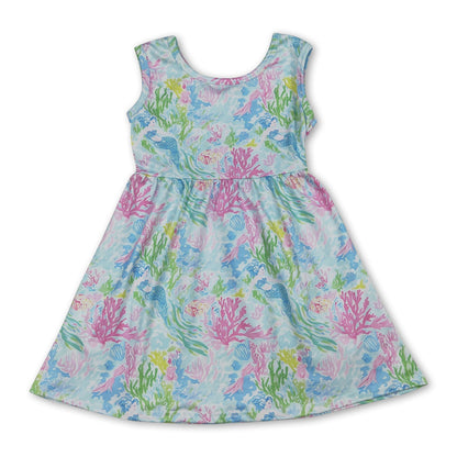 Sleeveless watercolor coral kids girls summer dresses