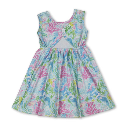 Sleeveless watercolor coral kids girls summer dresses