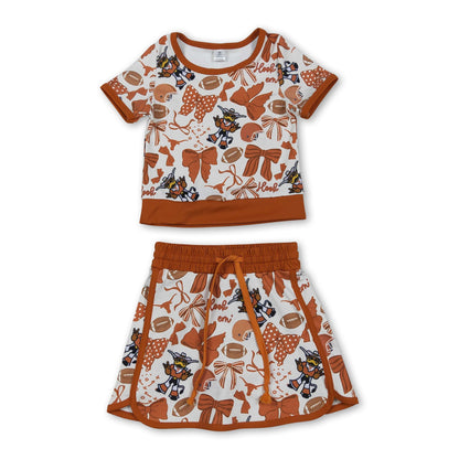 Short sleeves football bow top skirt girls team active wear set
