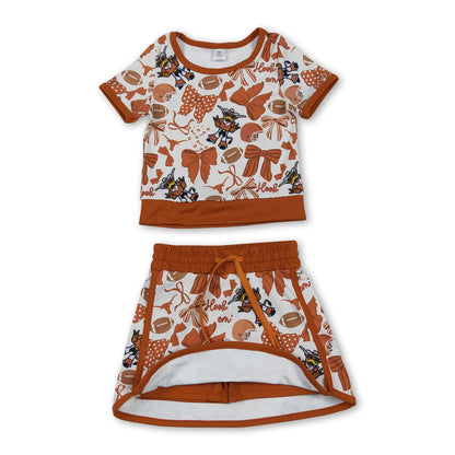 Short sleeves football bow top skirt girls team active wear set