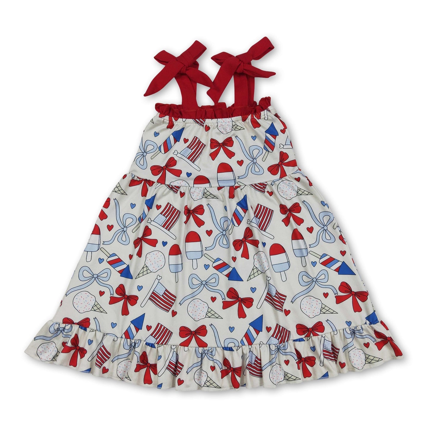 Straps popsicle bow flag girls ruffle 4th of july dresses