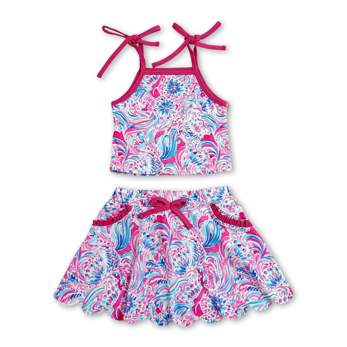 Hot pink straps watercolor top skirt kids girls active outfits