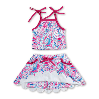 Hot pink straps watercolor top skirt kids girls active outfits