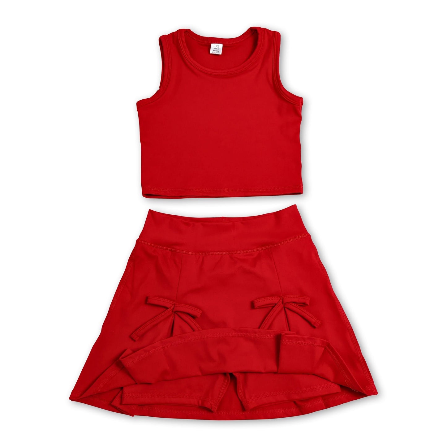 Red sleeveless top bow fold skirt girls active wear set