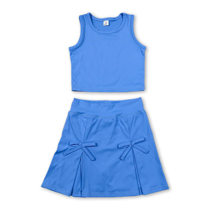 Sleeveless blue crop top bow skirt kids girls summer active set