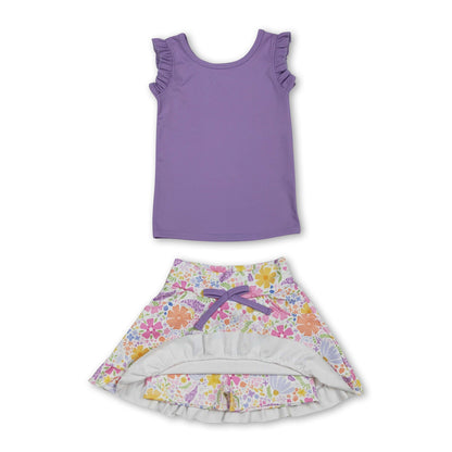 Sleeveless lavender top floral skirt girls active wear set