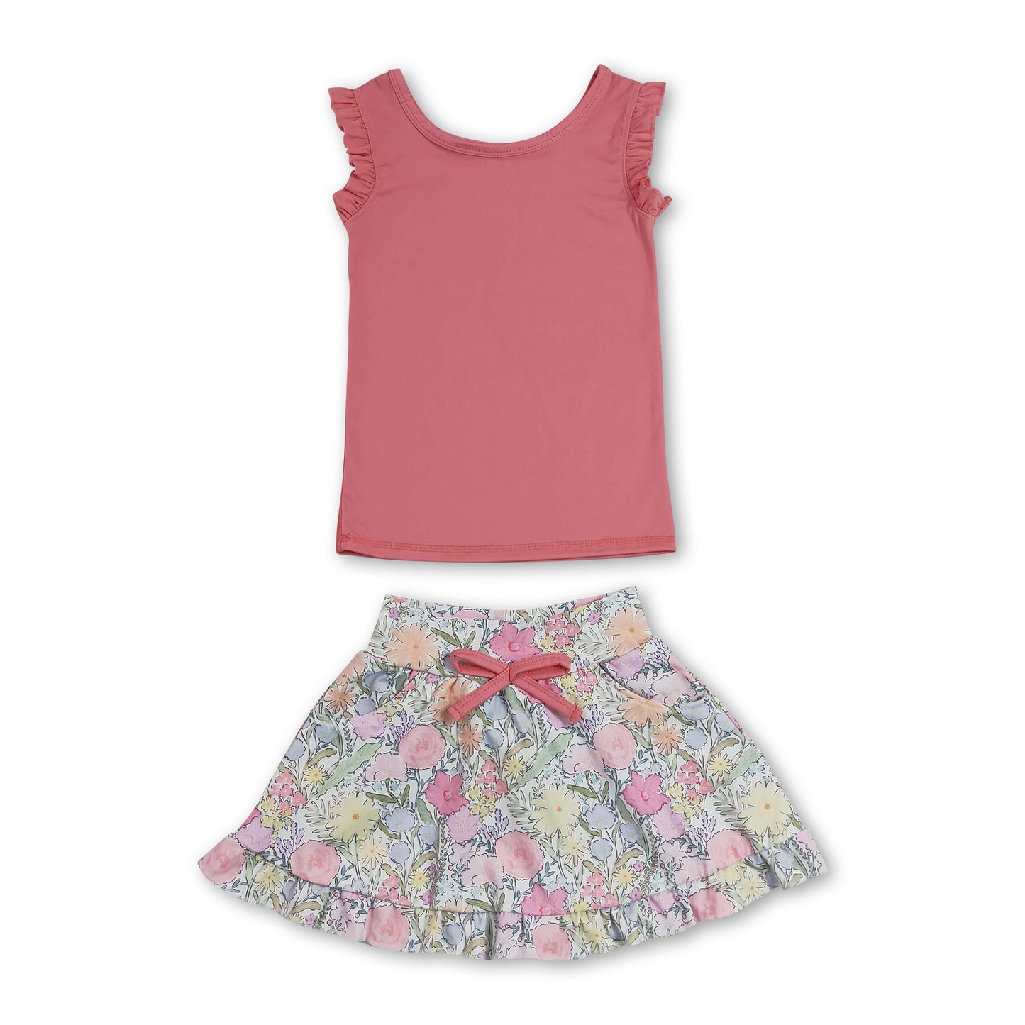 Sleeveless ruffle peach top floral skirt girls active wear set