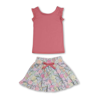 Sleeveless ruffle peach top floral skirt girls active wear set