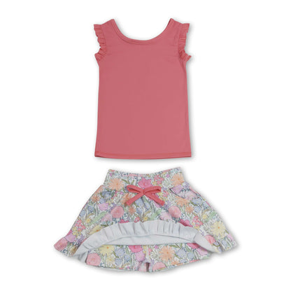 Sleeveless ruffle peach top floral skirt girls active wear set
