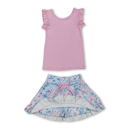 Sleeveless pink top floral skirt girls active wear set