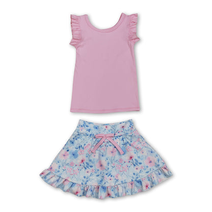 Sleeveless pink top floral skirt girls active wear set