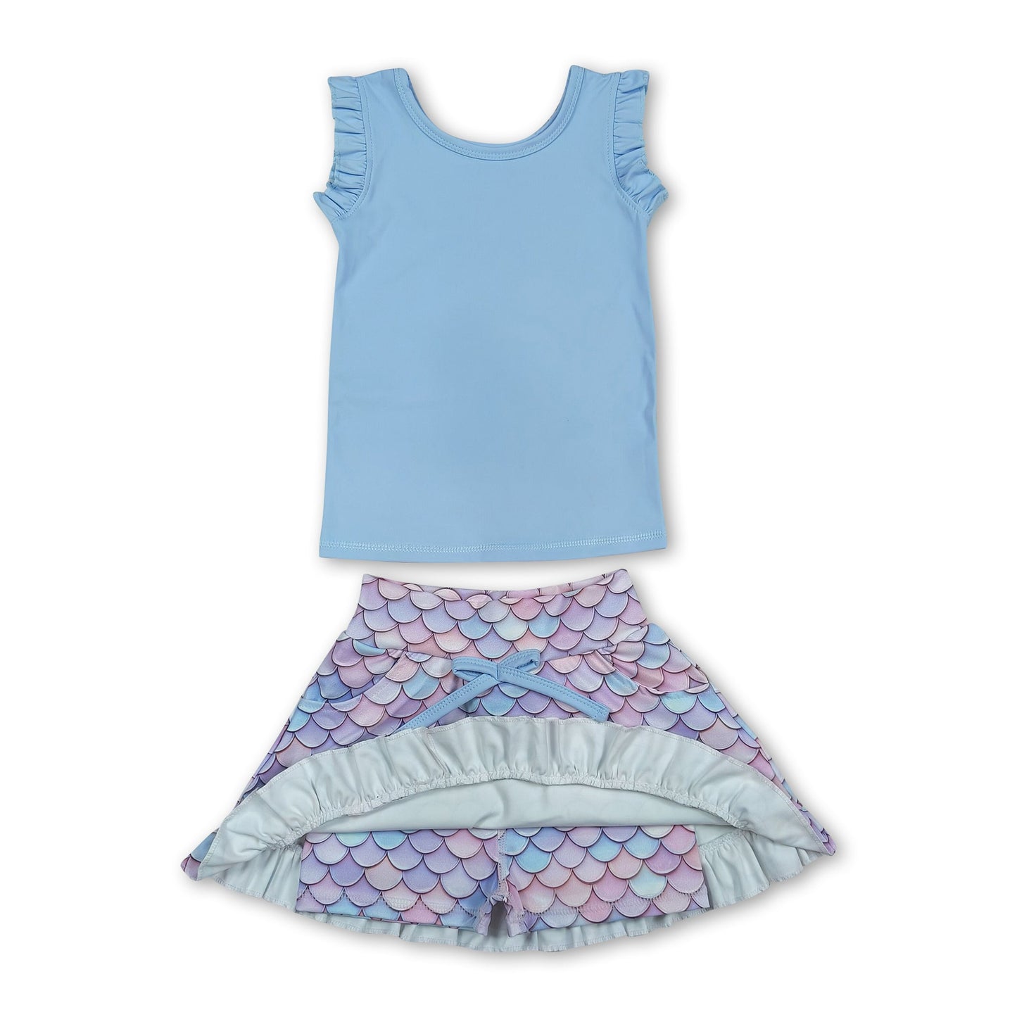 Sleeveless light blue top mermaid scale skirt girls activewear set