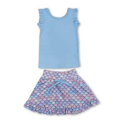 Sleeveless light blue top mermaid scale skirt girls activewear set