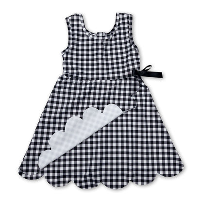 Sleeveless black plaid scallop kids girls athletic dresses