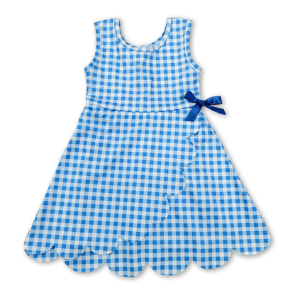 Sleeveless light blue plaid scallop kids girls athletic dresses